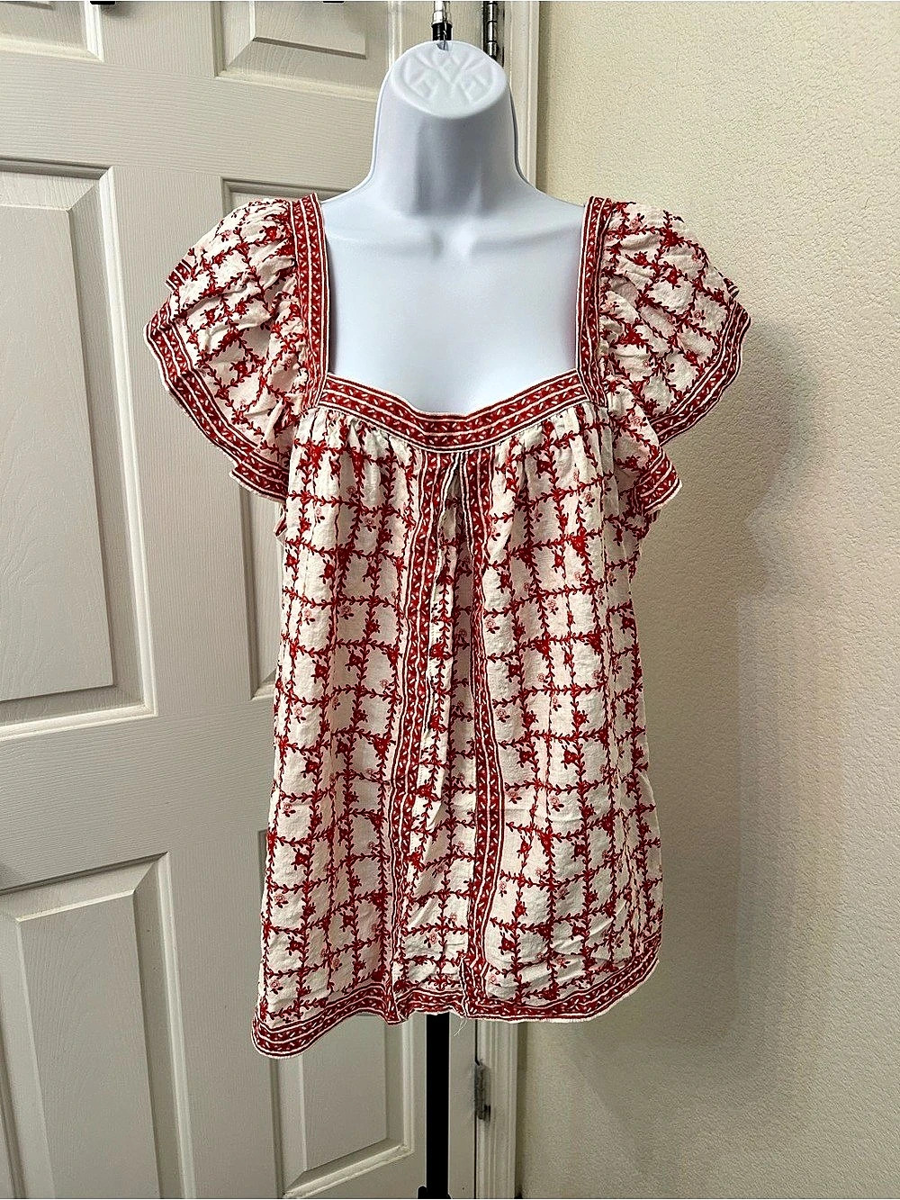 Max Studio Square Neck Blouse in White & Rust Size XL